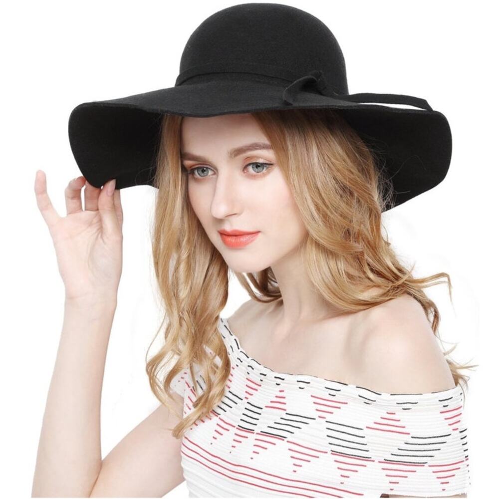 NWT Lovful Women Black 100% Wool Wide Brim Cloche Fedora Floppy Hat Cap One Size